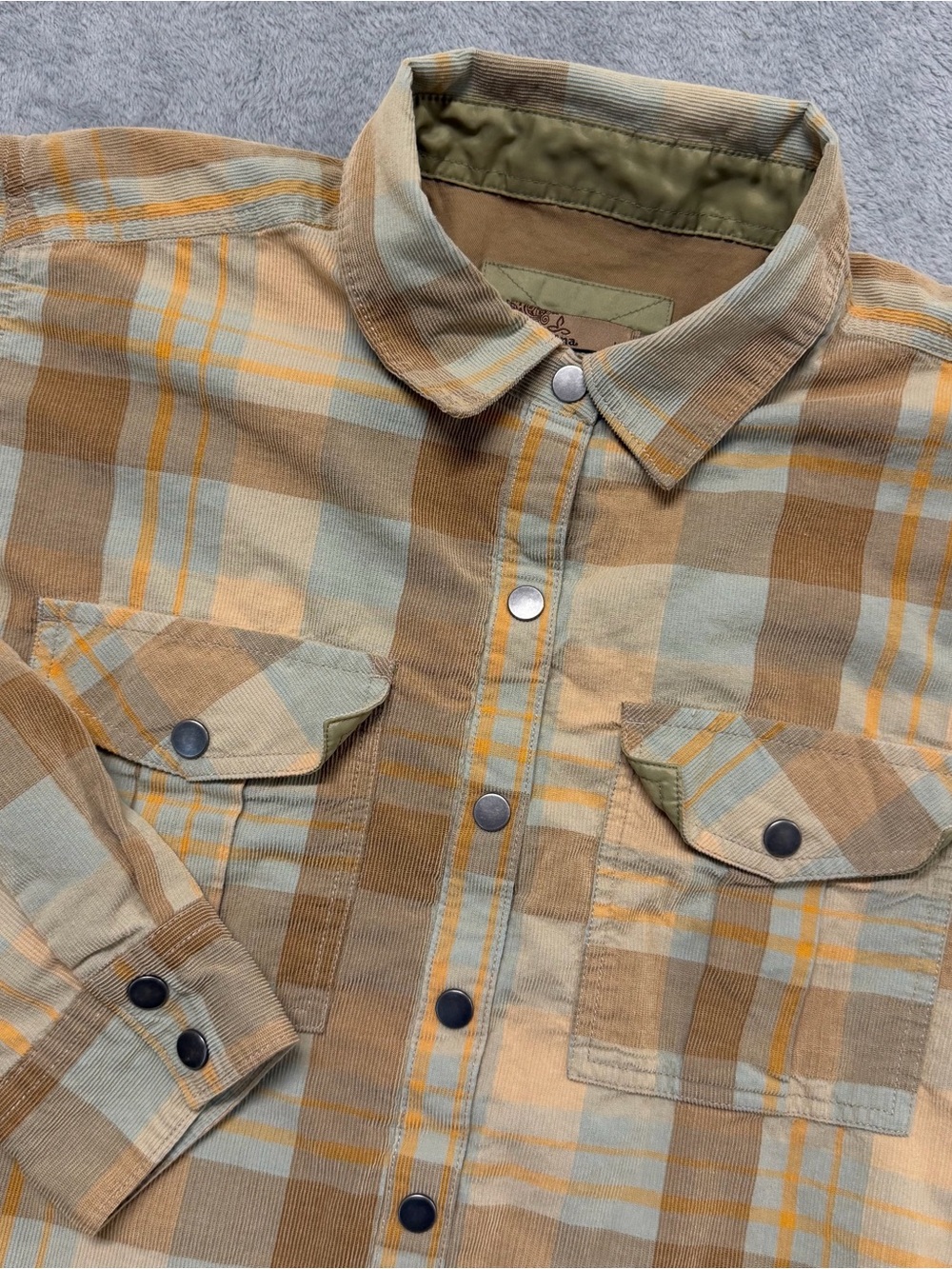 prAna Mens Large Corduroy Flannel Shirt Plaid Snap Front Western Outdoor